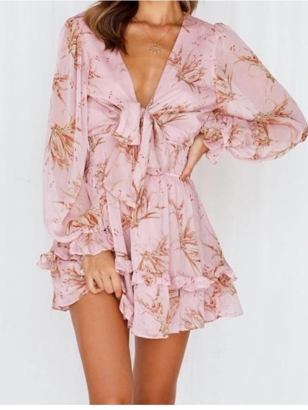 NWOT Pink Floral Tie Front Long Sleeve Ruffle Mini Dress Size Small